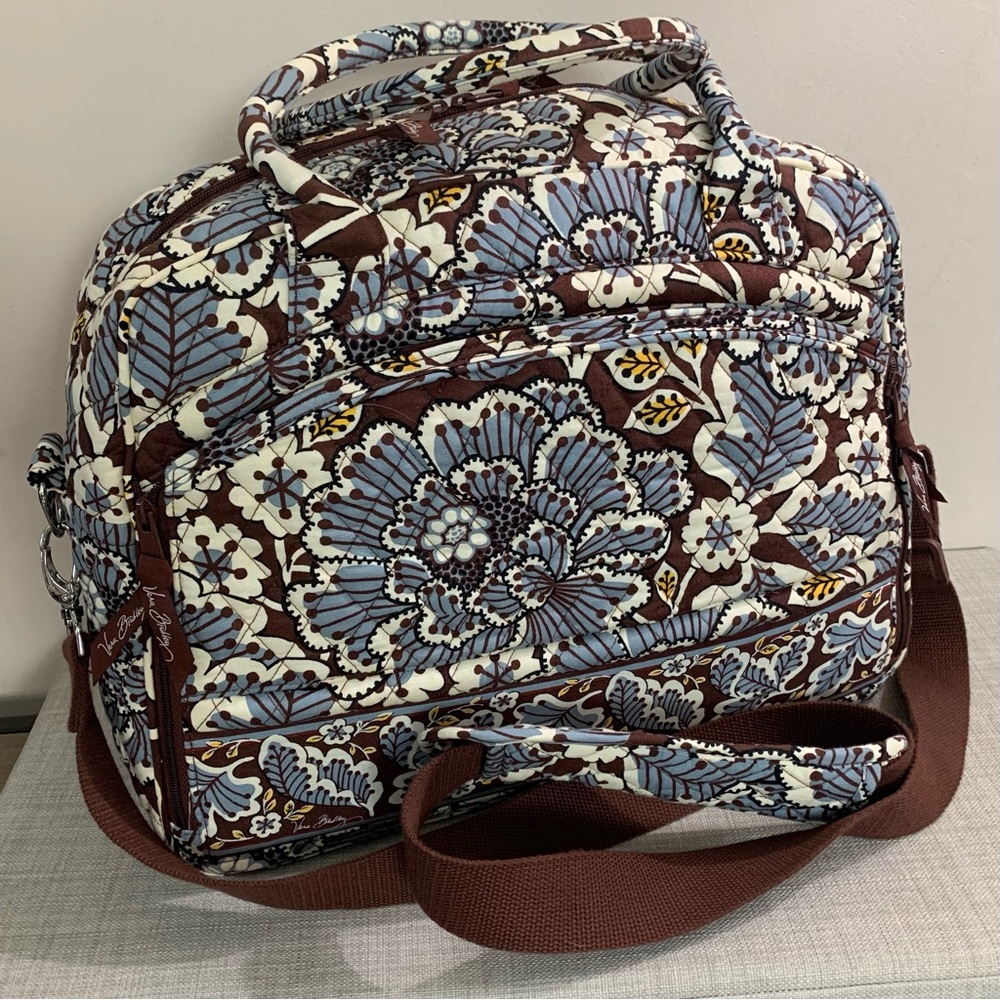 VERA BRADLEY Quilted SLATE BLOOMS Brown Blue LAPTOP Carry On TRAVEL Satchel BAG - Picture 2 of 9